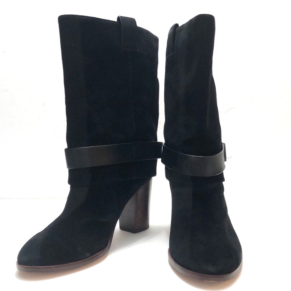 Splendid Black Calf High Almond Toe Stacked Block Heel Suede Leather Boots siz 9